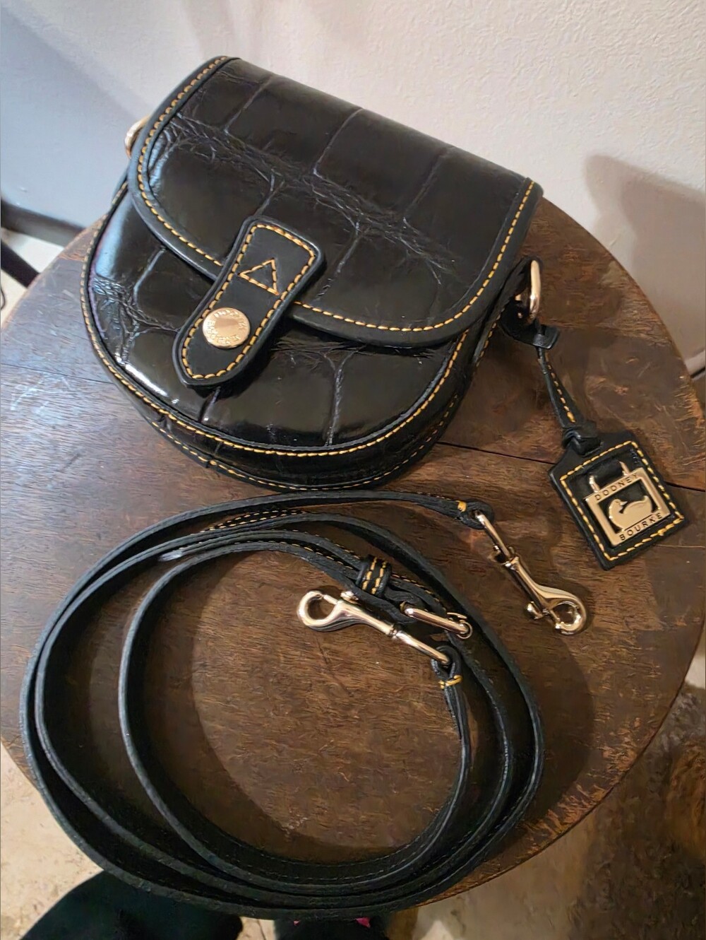 Dooney & Bourke Black Croc-Embossed Mini Leather Crossbody Bag Gold Stitching